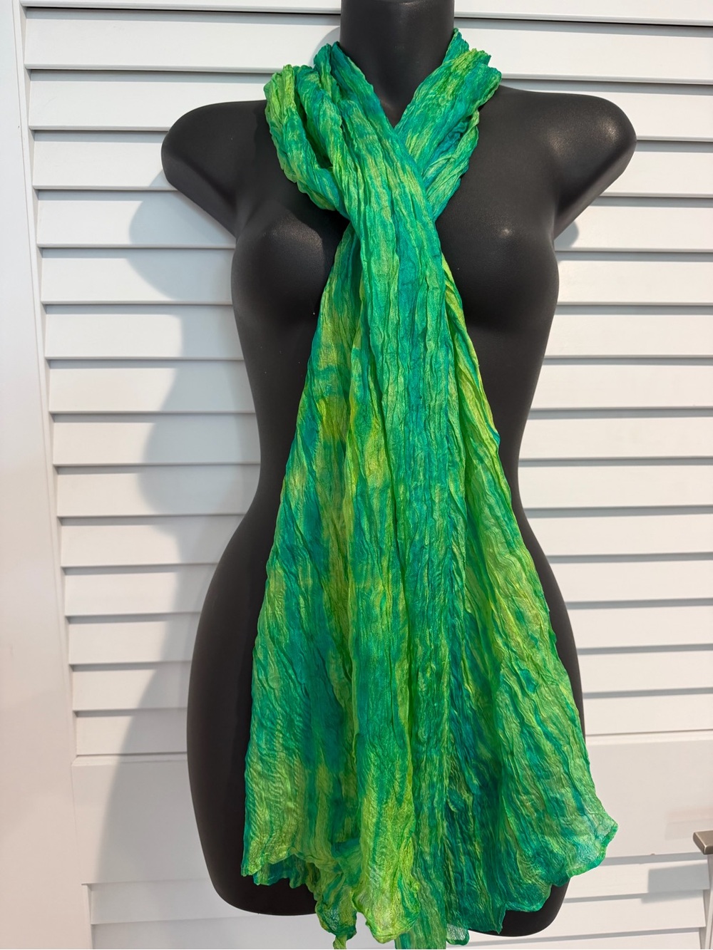 Vibrant green/ yellow crinkled  100 % silk scarf